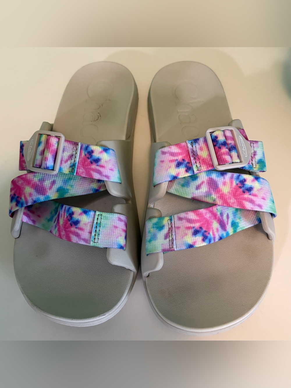 Chaco Women's Pastel Tie-Dye Slide Sandals in Gray Footbed